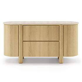 Two-Door Sideboard with Drawers Segretto, Rounded, Natural Oak, Travertine