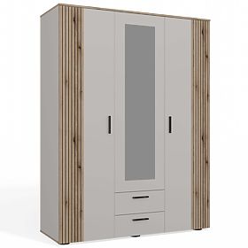 WARDROBE AVA 150 CM MIRROR 2 DRAWERS GROOVED FRONT OAK EVOKE CASHMERE BEIGE