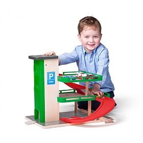 Wooden parking garage with cars