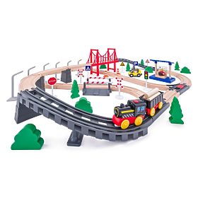 Wooden Train Set with Battery-Powered Locomotive, 80 Pieces, Woodyland Woody
