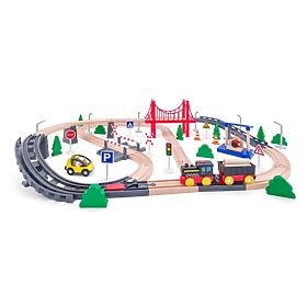 Wooden Train Set with Battery-Powered Locomotive, 80 Pieces, Woodyland Woody