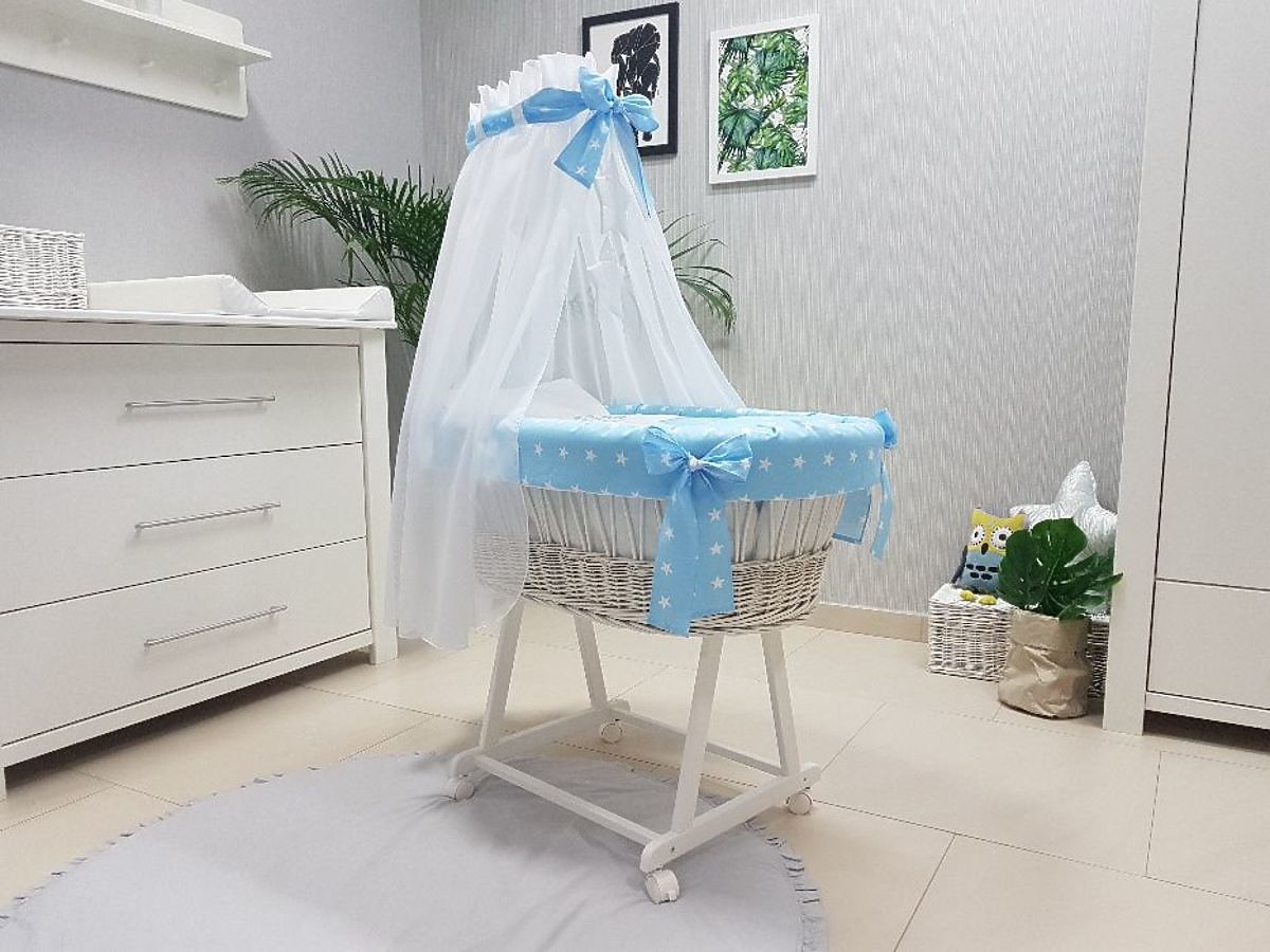Wicker cot with equipment for baby blue stars